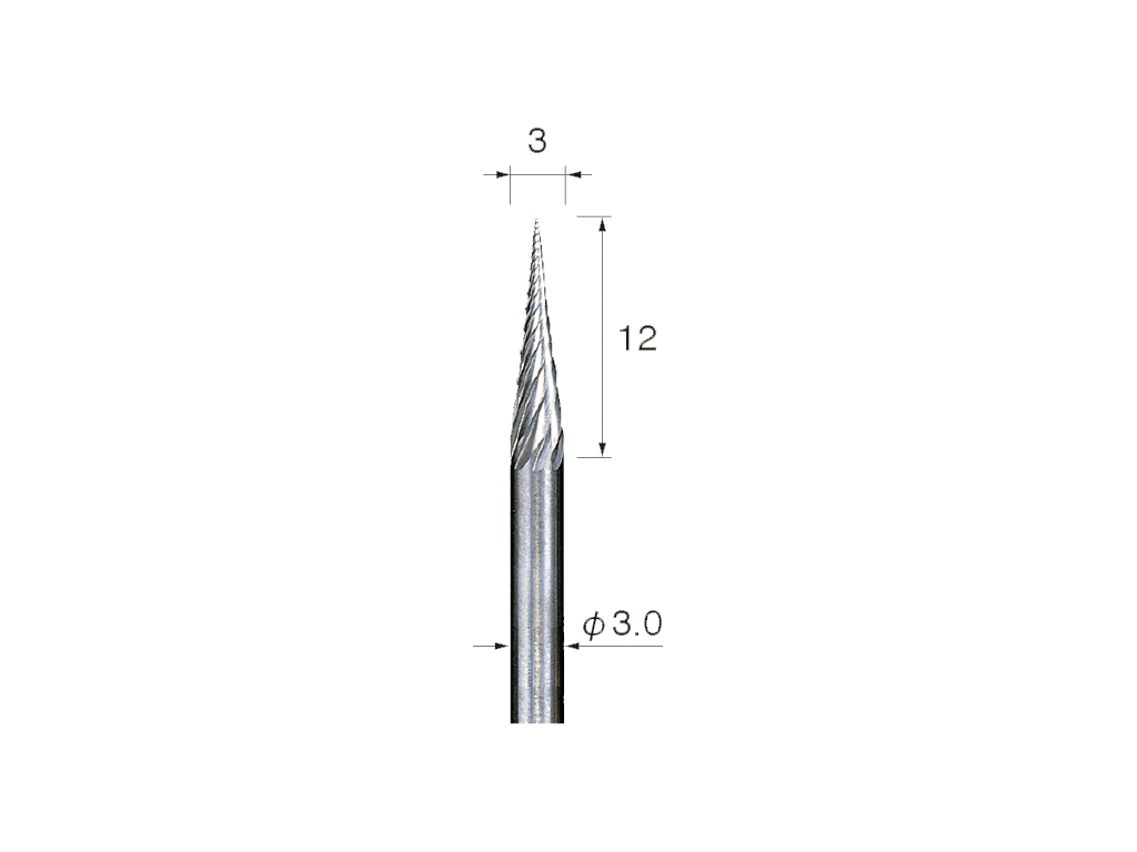Fresa de carburo, forma c&oacute;nica, corte simple, &Oslash;3 x 11 (mm), v&aacute;stago de &Oslash;3 (mm).
