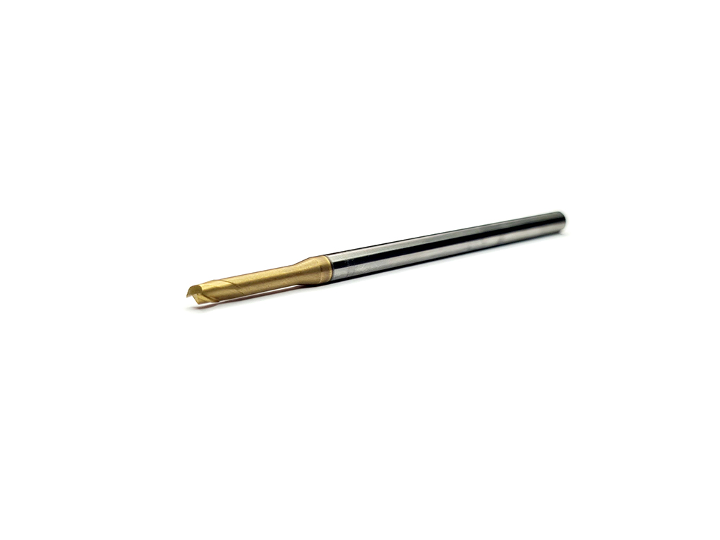Cortador recto, 2 filos, 35°, 65 HRC, Ø3 x 3.2LC x 16LE x 75LT, vástago 4 (mm), Top TiAlN maquinado en seco, alta velocidad.