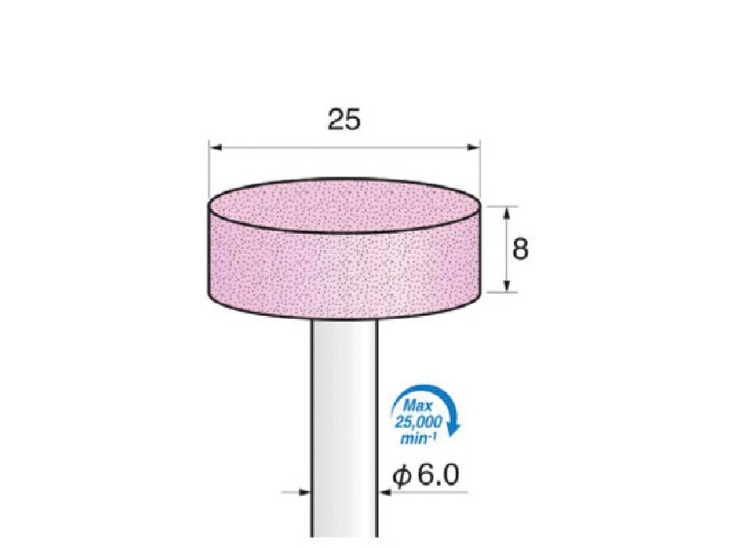 Punta (AO-vitrificado) c/rosa, #60, cilindrica, Ø 25 x 8  largo, vástago Ø 6 (mm).