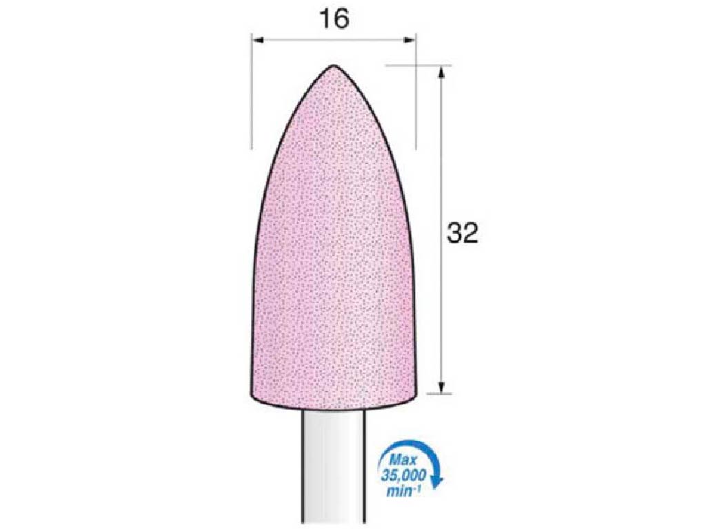 Punta (AO-vitrificado) c/rosa, #60, punta de bala, Ø 16 x 32  largo, vástago Ø 6 (mm).