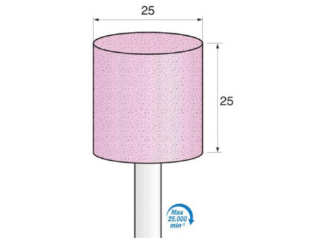 Punta (AO-vitrificado) c/rosa, #60, cilindrica recta, Ø 25 x 25  largo, vástago Ø 6 (mm).