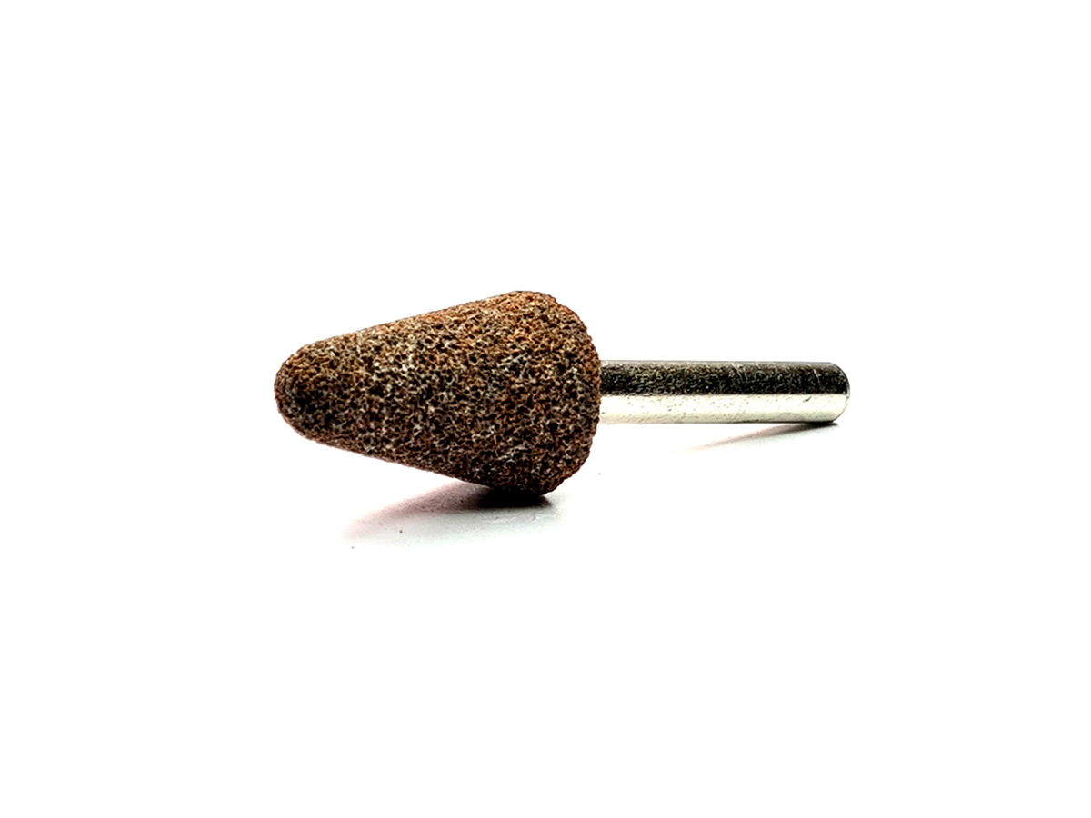 Punta (AO vitrificado), c/rojo, #80, cónica tipo A5, Ø3/4 x 1 1/8, para desbaste en aceros endurecidos, vástago 1/4", max rpm: 45,000
