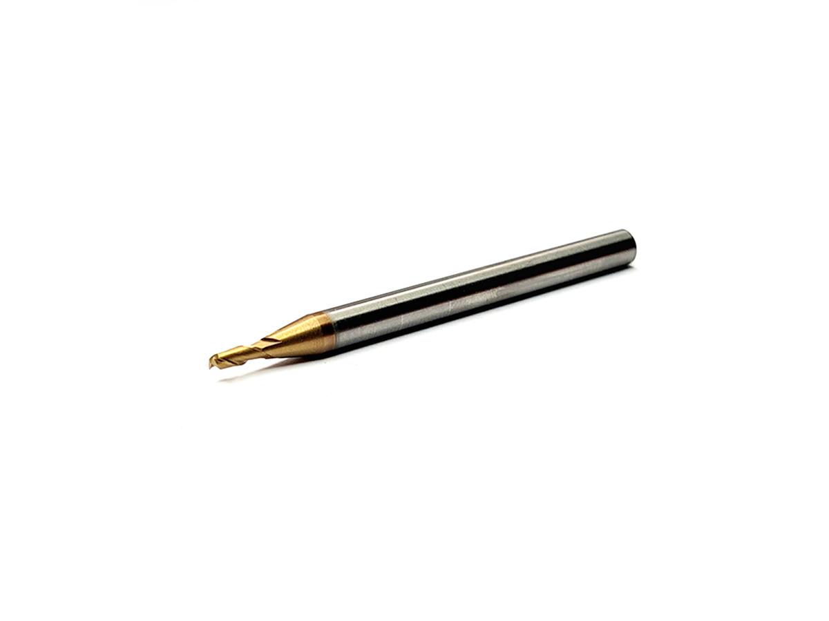 Cortador recto, 2 filos, 35°, 65 HRC, Ø1.8 x 5LC x 50 LT, vastago 4mm, TixSin maquinado en seco, alta velocidad.